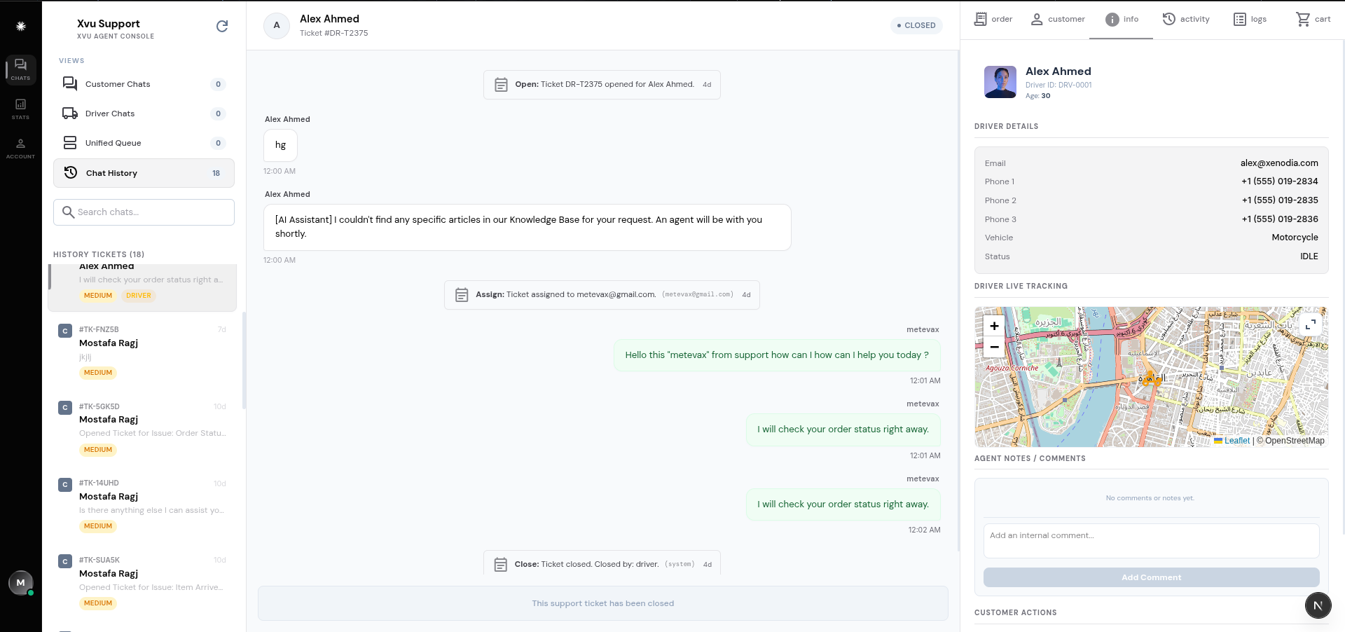 XVU Support Agent Console — multi-channel customer ticket management