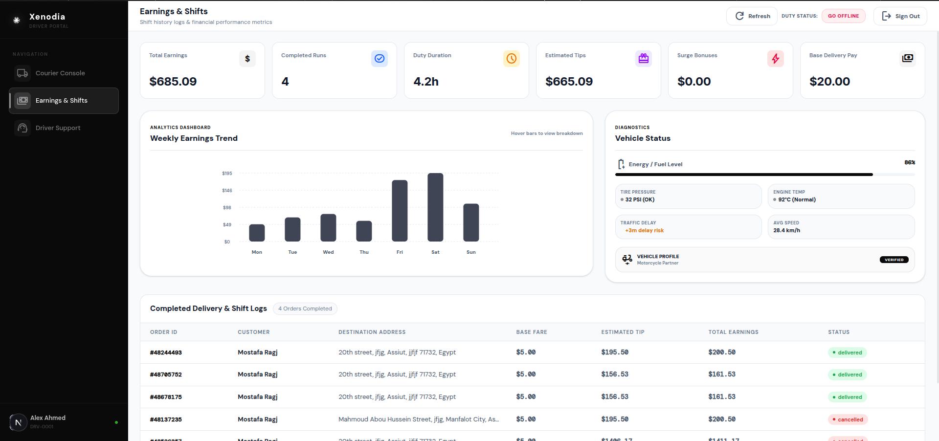 Xenodia Driver Portal — earnings dashboard, shift logs, and vehicle diagnostics